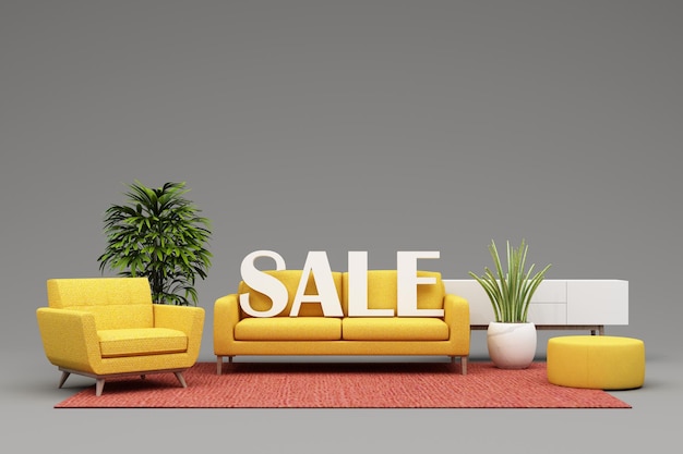 Interior design concept sale of home decorations and furniture
during promotions and discounts it is surrounded by beds sofas
armchairs and advertising spaces banner pastel background 3d
render