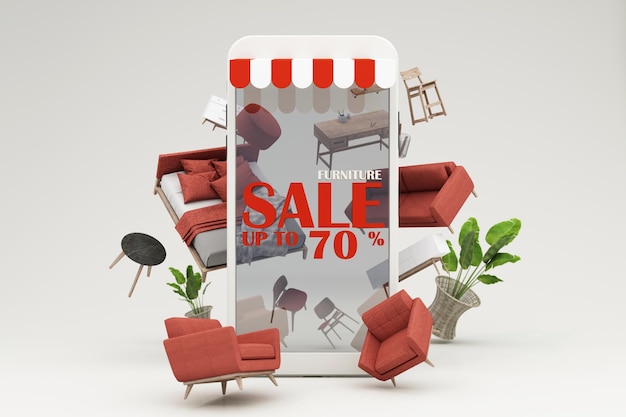 Interior design concept sale of home decorations and furniture
during promotions and discounts it is surrounded by beds sofas
armchairs and advertising spaces banner pastel background 3d
render