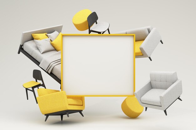 interior design concept sale of home decorations and furniture during promotions and discounts it is surrounded by beds sofas armchairs and advertising spaces banner pastel background 3d render