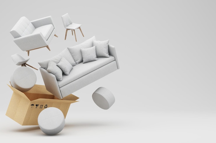 Photo interior design concept sale of home decorations and furniture during promotions and discounts it is surrounded by beds sofas armchairs and advertising spaces banner white background 3d render