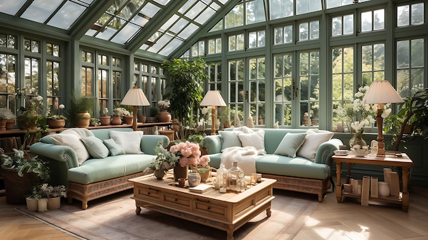 Interior design for a conservatory in a pale sage green colour scheme