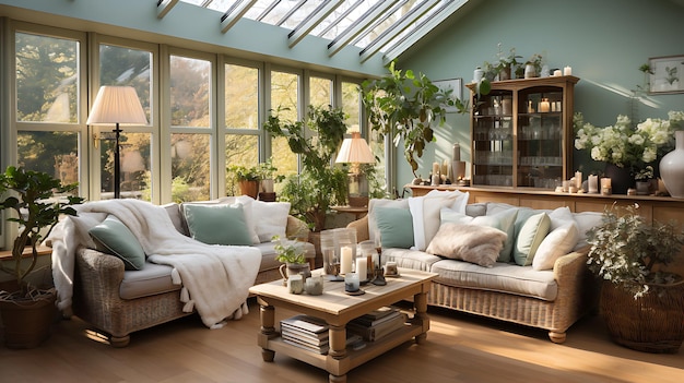 Interior design for a conservatory in a pale sage green colour scheme