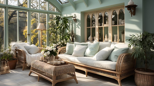 Interior design for a conservatory in a pale sage green colour scheme