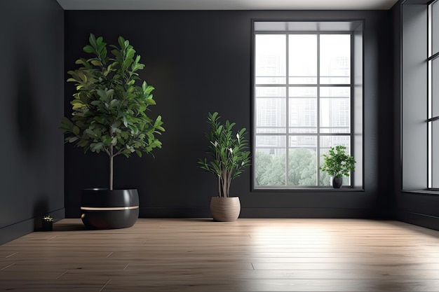 Interior design of a contemporary empty room with a plant in a black pot and heating batteries
