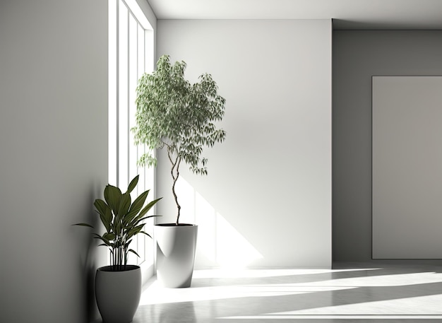 화분에 심은 식물이 있는 현대적인 빈 방의 인테리어 디자인