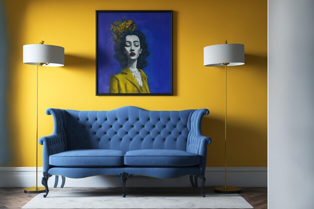 Interior design of a contemporary yellow room with a traditional blue sofa and easel painting