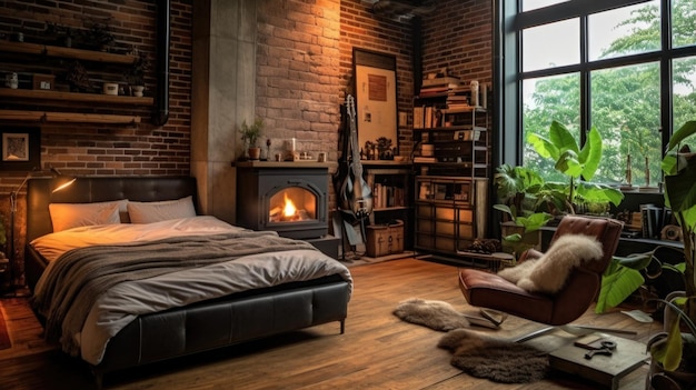 The interior design of cozy brick wall bedroom with bookshelf and fireplace in rustic industrial style Generative AI AIG27