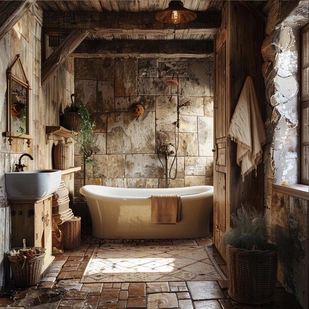 Foto interior design accogliente bagno carino in stile rustico