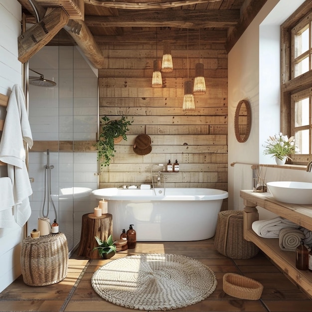 Дизайн интерьера уютная милая ванная в деревенском стиле