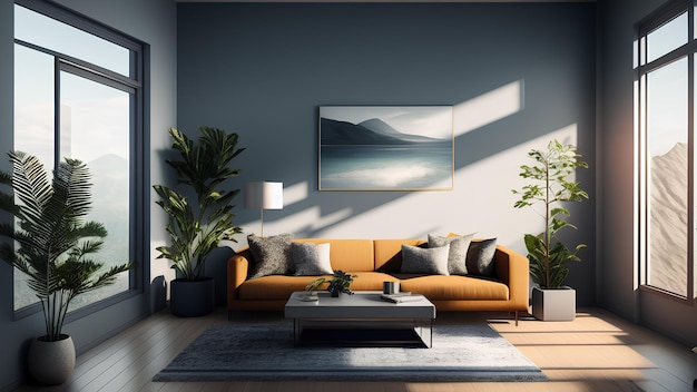 Photo interior design of cozy living room interior with copy space mockup poster frame grey table template