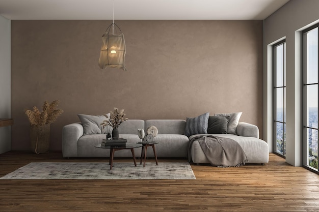 interior design of cozy living room with stylish sofa coffee table dried flowers in vase3d rendering