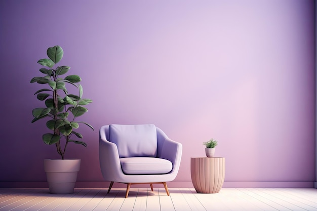 Interior design in a creative purple studio featuring a plant pot and armchair The background showca