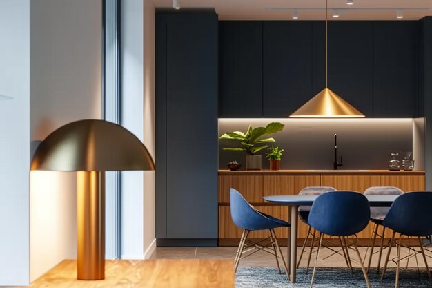 Photo interior design of dining room with a blue table and chairs in a modern and bright flat