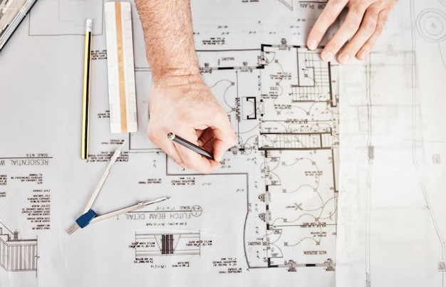 Interior design drawing illustration of building floor plan render architecture technical blueprint and creative house project Hands of designer sketch construction of home apartment room