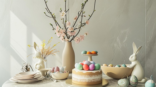 Interior design of easter dining room interior with round table colorful eggs Generative Ai