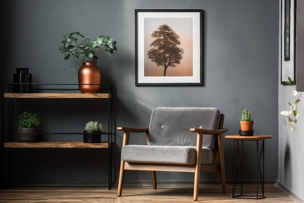 Interior design grey armchair next to a wooden table in living room interior with plant and poster simple design