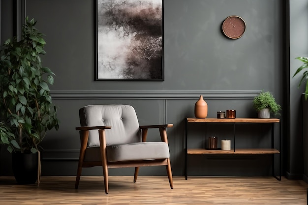 Interior design grey armchair next to a wooden table in living room interior with plant and poster simple design