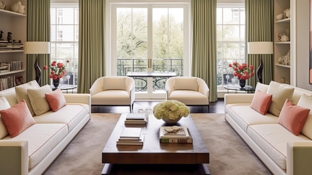 インテリアデザイナー 居酒屋 白いソファーと家具 イングランドのカントリーハウスとエレガントなコテージスタイル