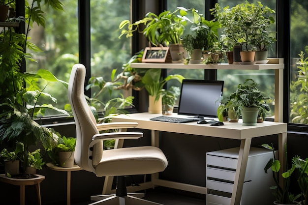 Interior design of home office space with stylish wooden desk beautiful chair laptop platns