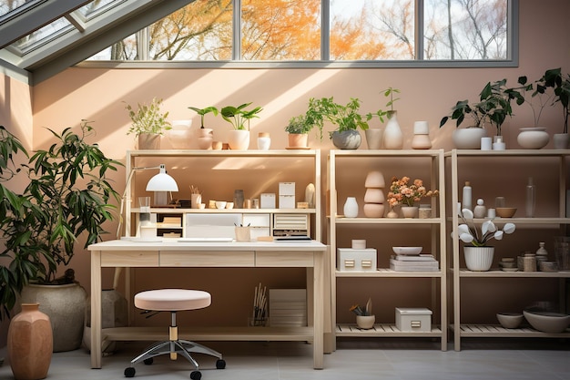 Дизайн интерьера домашнего офиса со стильным деревянным столом, красивым стулом, ноутбуком, ноутбуком