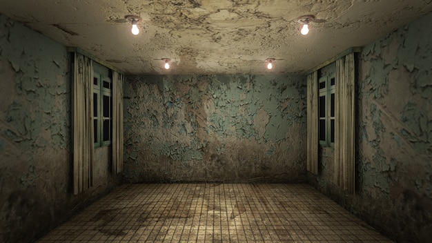 Дизайн интерьера ужасов и жутких повреждений пустой комнаты., 3D рендеринг.