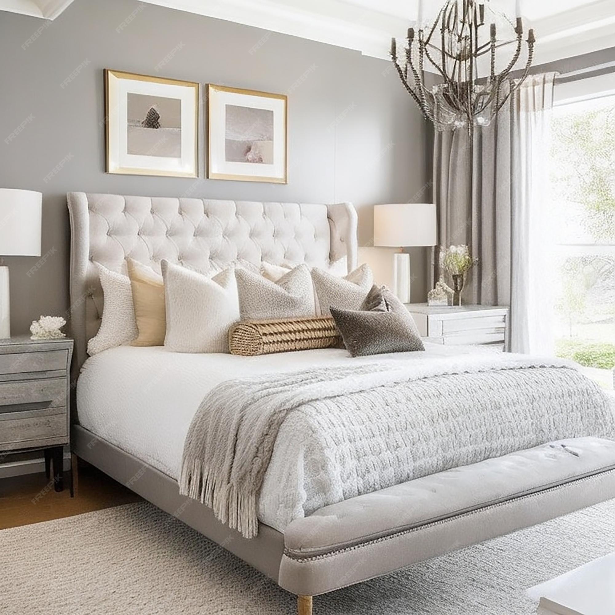 Premium AI Image Interior design in bedroom with cozy king bed