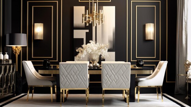 Interior design inspiration of Art Deco Glam style home dining room loveliness decorated with Glass and Velvet material and Geometric Chandelier Generative AI home interior design