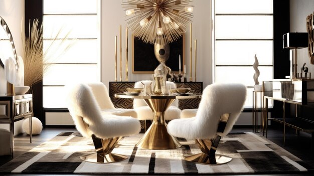 Foto ispirazione al design d'interno in stile art deco glam casa sala da pranzo bellezza decorata con materiale di marmo e ottone e statement light fixture generative ai home interior design