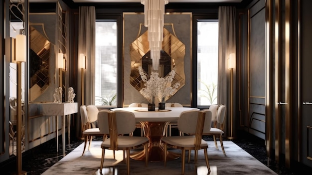 Interior design inspiration of Art Deco Glam style home dining room loveliness decorated with Marble and Brass material and Statement Light Fixture Generative AI home interior design