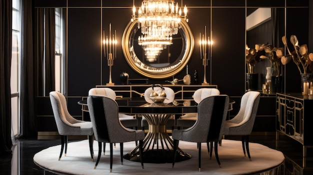 Interior design inspiration of Art Deco Glamorous style home dining room loveliness decorated with Marble and Velvet material and Chandelier Generative AI home interior design