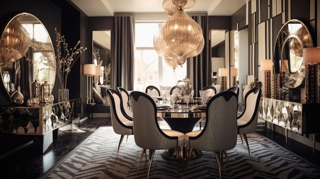 Interior design inspiration of Art Deco Hollywood Glam style home dining room loveliness decorated with Marble and Velvet material and Chandelier Generative AI home interior design