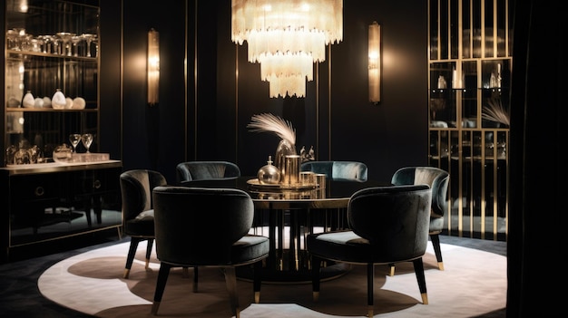 Interior design inspiration of Art Deco Hollywood Regency style dining room loveliness