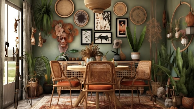 Photo interior design inspiration of bohemian eclectic style home dining room loveliness decorated with rattan and velvet material and gallery wall generative ai home interior design