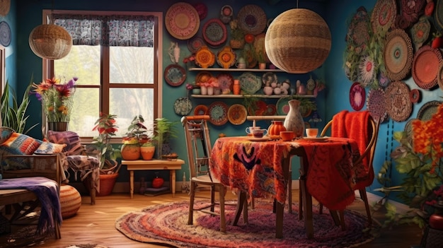 Interior design inspiration of Bohemian Eclectic style home dining room loveliness decorated with Wicker and Fabric material and Tapestry Generative AI home interior design