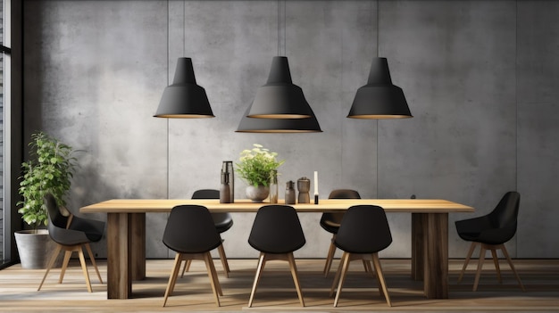 Interior design inspiration of Contemporary Industrial style home dining room loveliness decorated with Concrete and Metal material and Cone Pendant Lights Generative AI home interior design