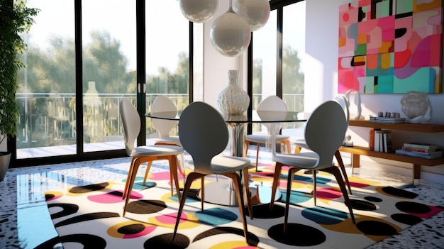 Foto ispirazione al design d'interno in stile retro contemporaneo, sala da pranzo decorata con materiale in vetro e plastica e pop art wall art generative ai home interior design