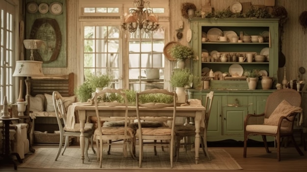 Interior design inspiration of Farmhouse Shabby Chic style home dining room loveliness decorated with Wood and Wicker material and Rustic Charm Generative AI home interior design