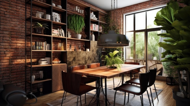 Interior design inspiration of Industrial MidCentury Modern style home dining room loveliness decorated with Metal and Leather material and Pendant Light Generative AI home interior design