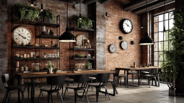 Interior design inspiration of Industrial Rustic style home dining room loveliness decorated with Metal and Wood material and Exposed brick wall Generative AI home interior design