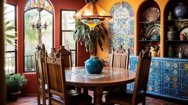 Foto ispirazione per l'interior design della bellezza della sala da pranzo in stile bohémien mediterraneo