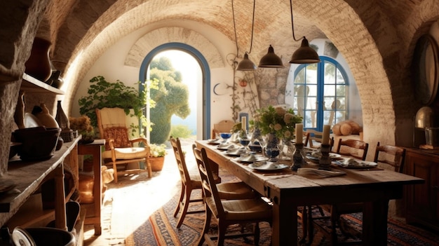 Ispirazione per l'interior design della bellezza della sala da pranzo in stile rustico mediterraneo