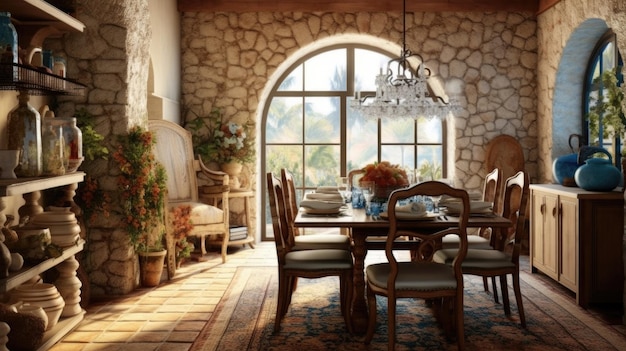 Дизайн интерьера вдохновлен красотой домашней столовой в средиземноморском деревенском стиле, украшенной камнем и керамикой, а также дизайном домашнего интерьера Archway Generative AI.