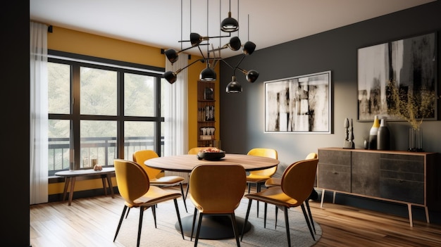 Interior design inspiration of MidCentury Modern Industrial style home dining room loveliness decorated with Walnut and Metal material and Statement Light Fixture Generative AI home interior design