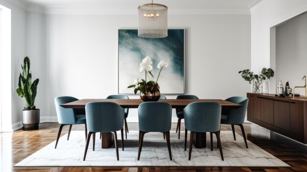 Interior design inspiration of Modern Minimal style home dining room loveliness decorated with Wood and Glass material and Chandelier Generative AI home interior design