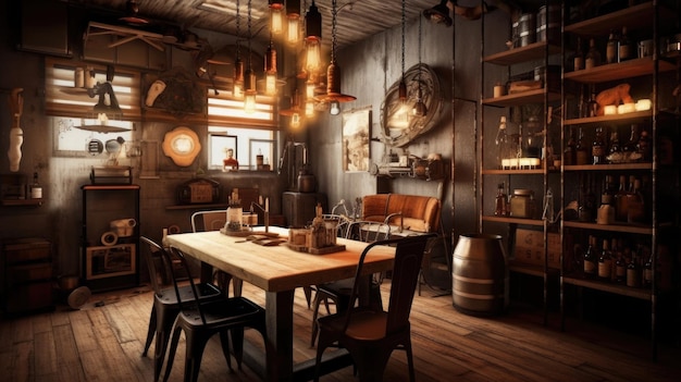 Interior design inspiration of Rustic Industrial style home dining room loveliness decorated with Wood and Metal material and Edison Bulb Chandelier Generative AI home interior design