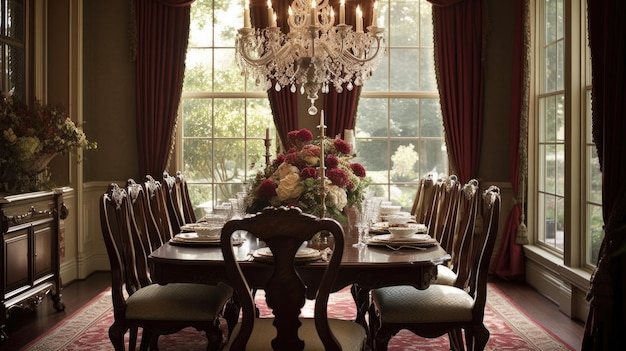 Interior design inspiration of Traditional Classic style home dining room loveliness decorated with Wood and Silk material and Chandelier Generative AI home interior design