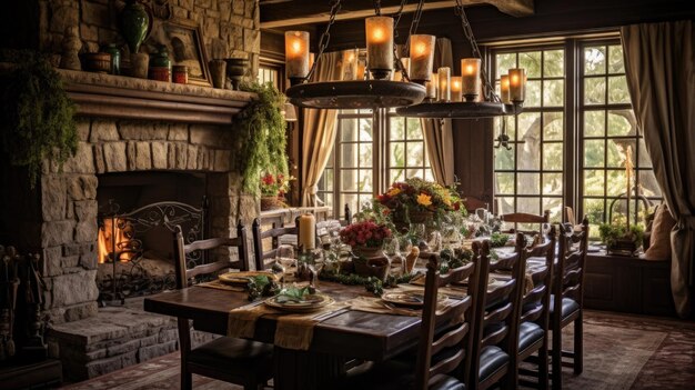 Interior design inspiration of Traditional Rustic style home dining room loveliness decorated with Stone and Leather material and Fireplace Generative AI home interior design