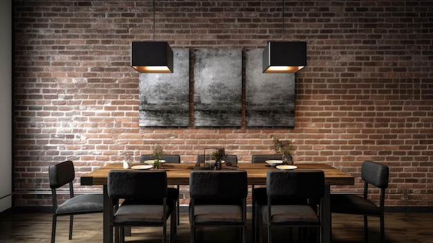 Foto ispirazione per l'interior design della bellezza della sala da pranzo domestica in stile industriale moderno urbano decorata con materiale in cemento e acciaio e muro di mattoni a vista generative ai home interior design