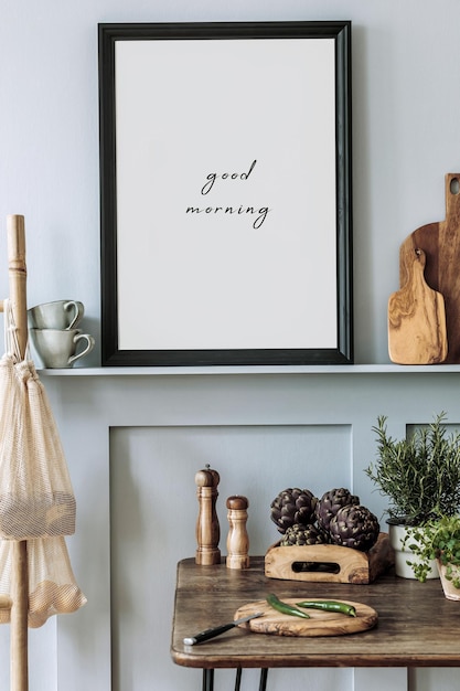 Interior design of kitchen space with mock up photo frame wooden table herbs vegetables fruits food and kitchen accessories in modern home decor