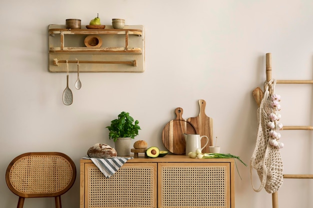 Interior design dello spazio cucina con comò in rattan e sedia scaletta erbe verdure cibo e accessori da cucina in arredamento moderno per la casa modello